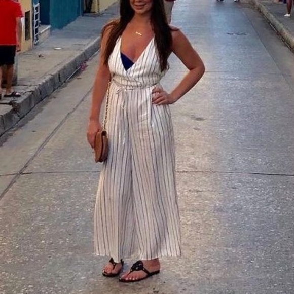 L-Space Austin Jumsuit in White with Vertical Blue Stripe - Picture 2 of 11